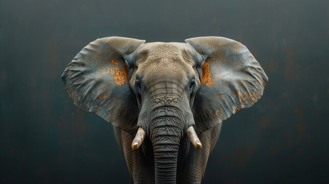 frontal view of an African elephant on a dark background