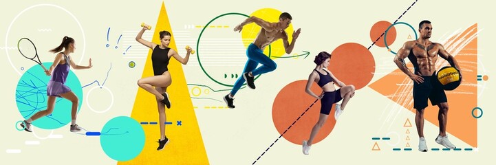 Group of people, athletes on different sports in motion, training over light background with...