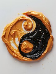 closeup peanut butter and jelly smeared into a yin and yang shape on a white table , peanut butter and jelly day , Generative Ai 