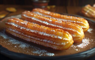 Three churros are sitting on a plate with powdered sugar - obrazy, fototapety, plakaty