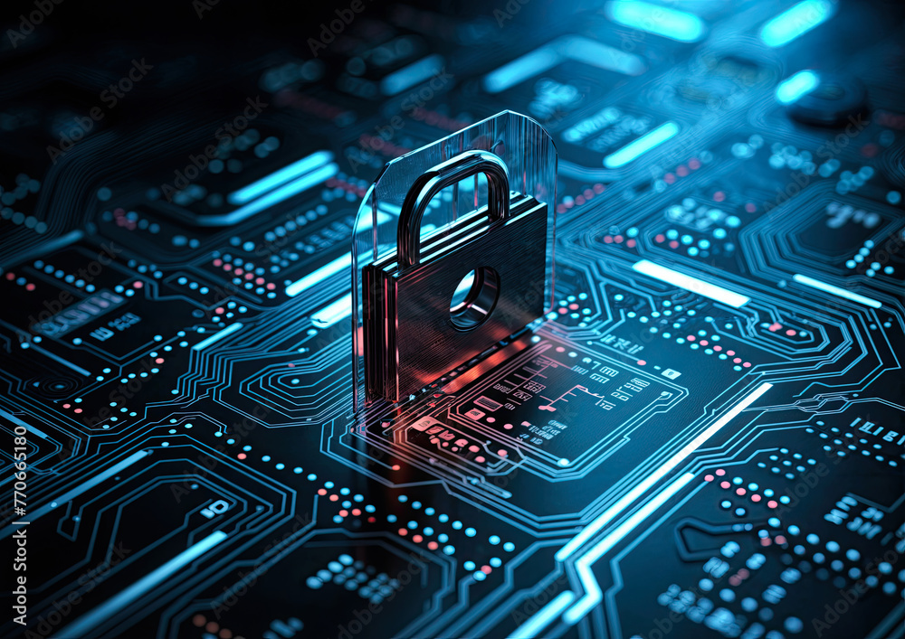 Poster cyber security concept with padlock on circuit board. 3d rendering