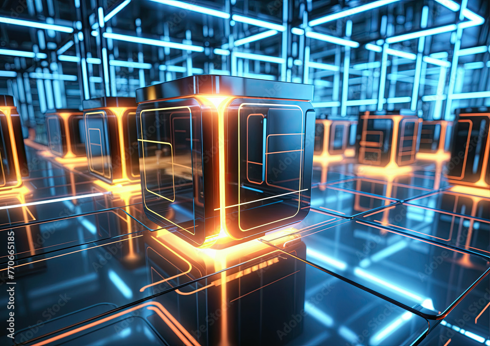 Poster abstract 3d rendering of glowing cubes with binary code. futuristic background