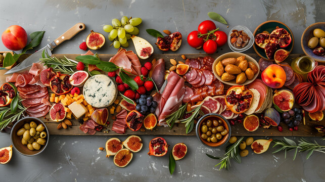 Italian Spanish mozzarella cheese slices and varies fruit on wooden platters