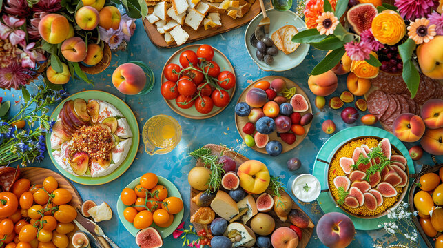 mozzarella cheese, ham and varies fruit on plates.