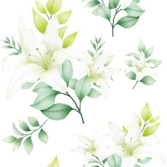 Hand drawn watercolor lily seamless pattern