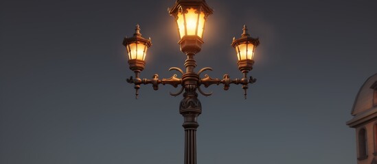 a street light with three lights on it is lit up at night . High quality