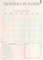 Monthly planner with days of the week and sections for notes and goals