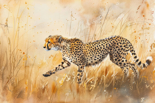 A painting depicting a cheetah sprinting through towering grass, its sleek body blending with the swaying greenery as it moves with speed and grace