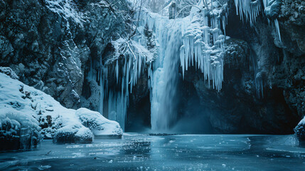 A waterfall frozen in time ice formations surrounding the still water. - obrazy, fototapety, plakaty