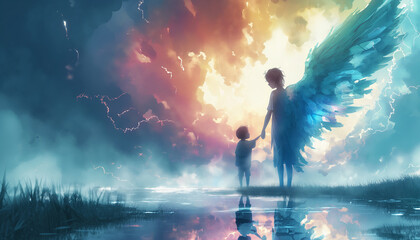 Fototapeta na wymiar Guardian Angel Watching Over a Child: Symbolizing Protection and Care - Illustration
