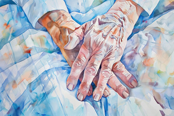 A painting depicting elderly persons hand gently resting on top of a neatly made bed - obrazy, fototapety, plakaty