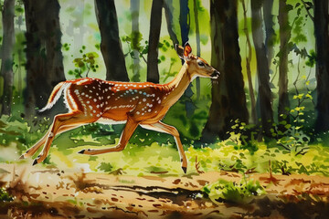 Watercolor painting of deer in full motion, sprinting through a dense forest filled with lush greenery and towering trees