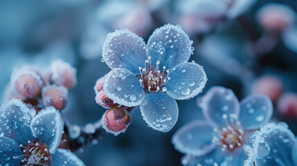 Flowers with frozen dewdrops on the petals in cool blue tones. - obrazy, fototapety, plakaty
