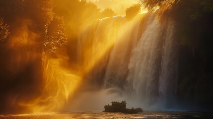 A waterfall softly illuminated by the golden light of sunrise casting a warm glow over the scene.