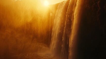 A waterfall softly illuminated by the golden light of sunrise casting a warm glow over the scene. - obrazy, fototapety, plakaty