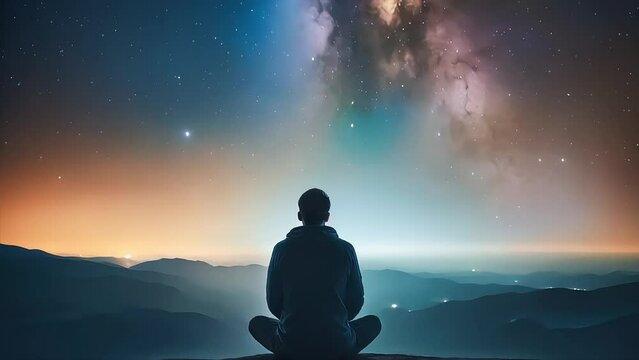 Silhouette of a man sitting under a starry sky with sparkling and shooting stars. Mental health concept. Meditation, Introspection concept.
