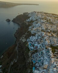 Aerial shot of Santorini Island, Greece. © Wirestock