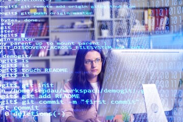 code hologram and business woman thinking cybersecurity research