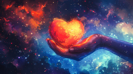 Hand holding glowing heart in cosmos illustration. Higher power care, protection concept. God's love. help from the universe