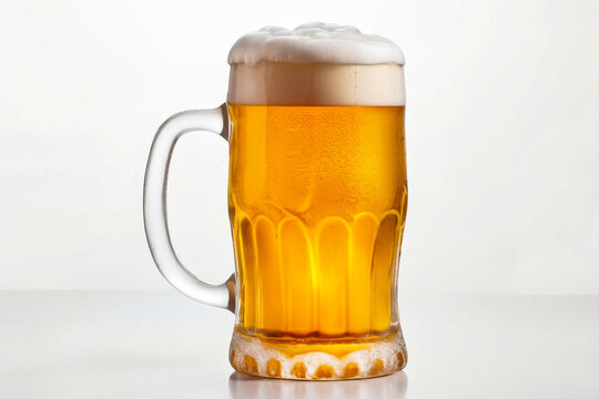 Glass of beer is full and has foam on top.