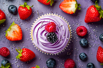 Cupcake with purple frosting is surrounded by strawberries and raspberries.