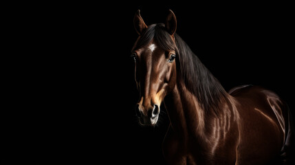 Close up of horse's head with dark background that accentuates the horse' s features.