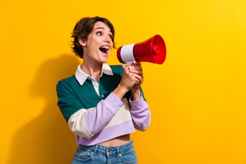 Photo of excited funky lady dressed polo shirt screaming bullhorn empty space isolated yellow color...