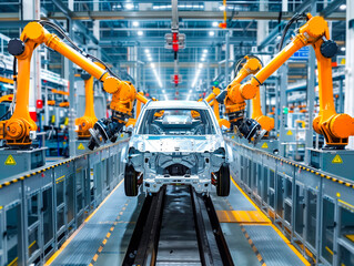 Robotic arms building cars on an assembly line in automotive factory.