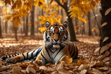 Tiger lays down in forest with autumn leaves around it. - obrazy, fototapety, plakaty