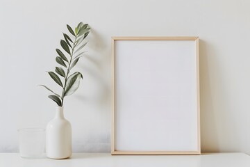 Mockup with frame in close up with size 2:1 and plant minimalist and neutral mid-century modern room interior