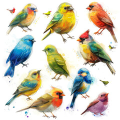 set of watercolor birds stickers isolated on white background. Different birds illustration. Collection of cute colorful little birds. Print design, poster