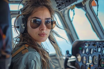 Confident female pilot in sunglasses sitting in helicopter cockpit - obrazy, fototapety, plakaty
