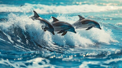 Three beautiful dolphins jumping over breaking waves. Hawaii Pacific Ocean wildlife scenery. Marine animals in natural habitat - obrazy, fototapety, plakaty