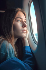 Fototapeta na wymiar Young woman looking out the airplane window