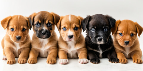 Brown and white puppies sit side by side looking at something beyond the camera.