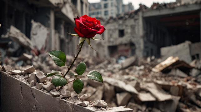 Single rose is blooming out of the rubble of destroyed building.