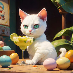 white cat beside a margarita glass with colourful easter eggs