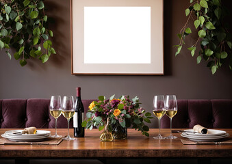 Wine glasses and bottles on wooden table in restaurant. Interior design