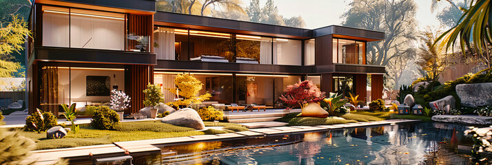 Modern Residential Villa Showcasing Luxury Architecture and Beautiful Landscaping in a Contemporary Setting