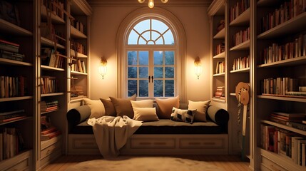  Cozy reading nook with bookshelves and an arched window, plush seating surrounded by shelves filled with books - obrazy, fototapety, plakaty