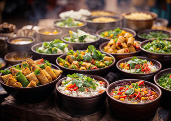 Traditional indian food in bowls on wooden table. Selective focus
