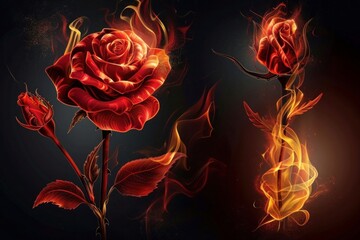 Red rose flower on fire dark background