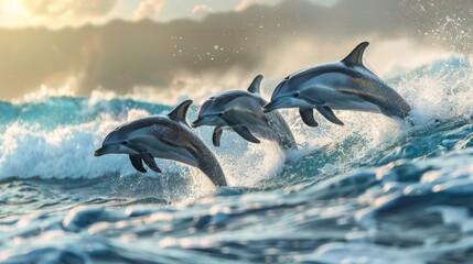 Three beautiful dolphins jumping over breaking waves. Hawaii Pacific Ocean wildlife scenery. Marine...