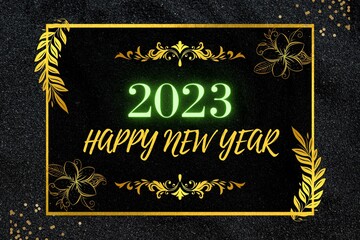 2023 Happy New Year lettering on black background