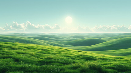 Fototapeta premium green hills under a bright sun and a blue sky with fluffy clouds. copy space