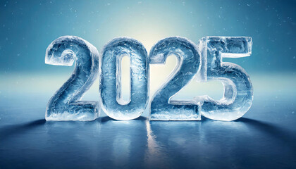 Number 2025 made of water ice on blue background. Cold figure. 3D rendering. Frozen year symbol.
