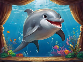 children dolphin cartoon concept art happy dolphin performing on a under water stage performance 