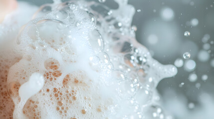 Close Up of Soap Suds and Bubbles Texture with Soft Light Bokeh - obrazy, fototapety, plakaty