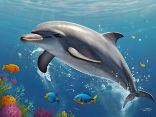dolphin in the water cartoon concept art happy dolphin swimming with marine fish life under water 