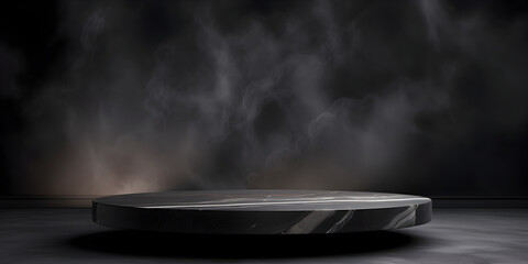 Black pedestal with smoke on dark background for product presentation mock up.Sleek Black Podium In A 3d Basement Background